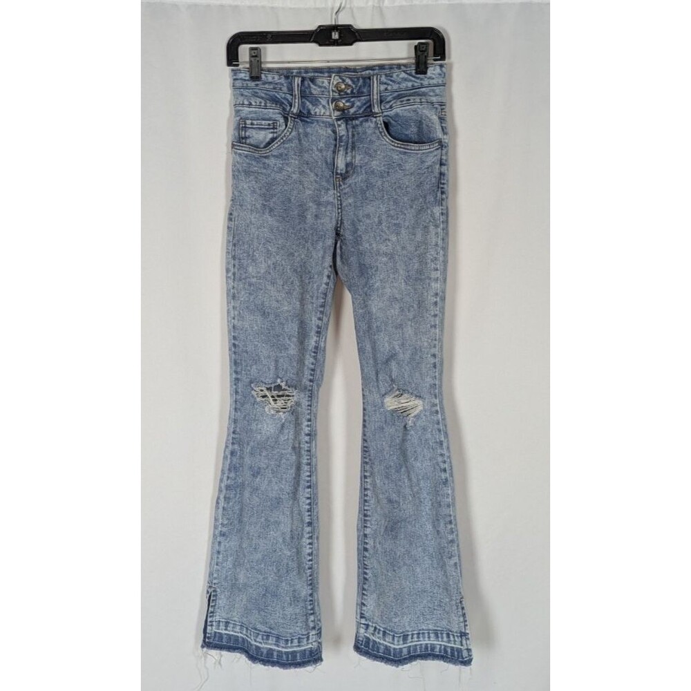 Dollhouse Acid Wash Distressed High Rise Flare Jeans Slit Hem Junior's 5 6 Y2K